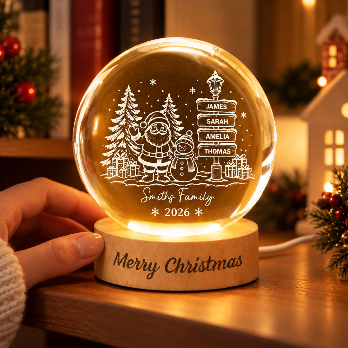 Family Name Sign Post - Personalized Crystal Ball LED Night Light - Christmas Decor for Family