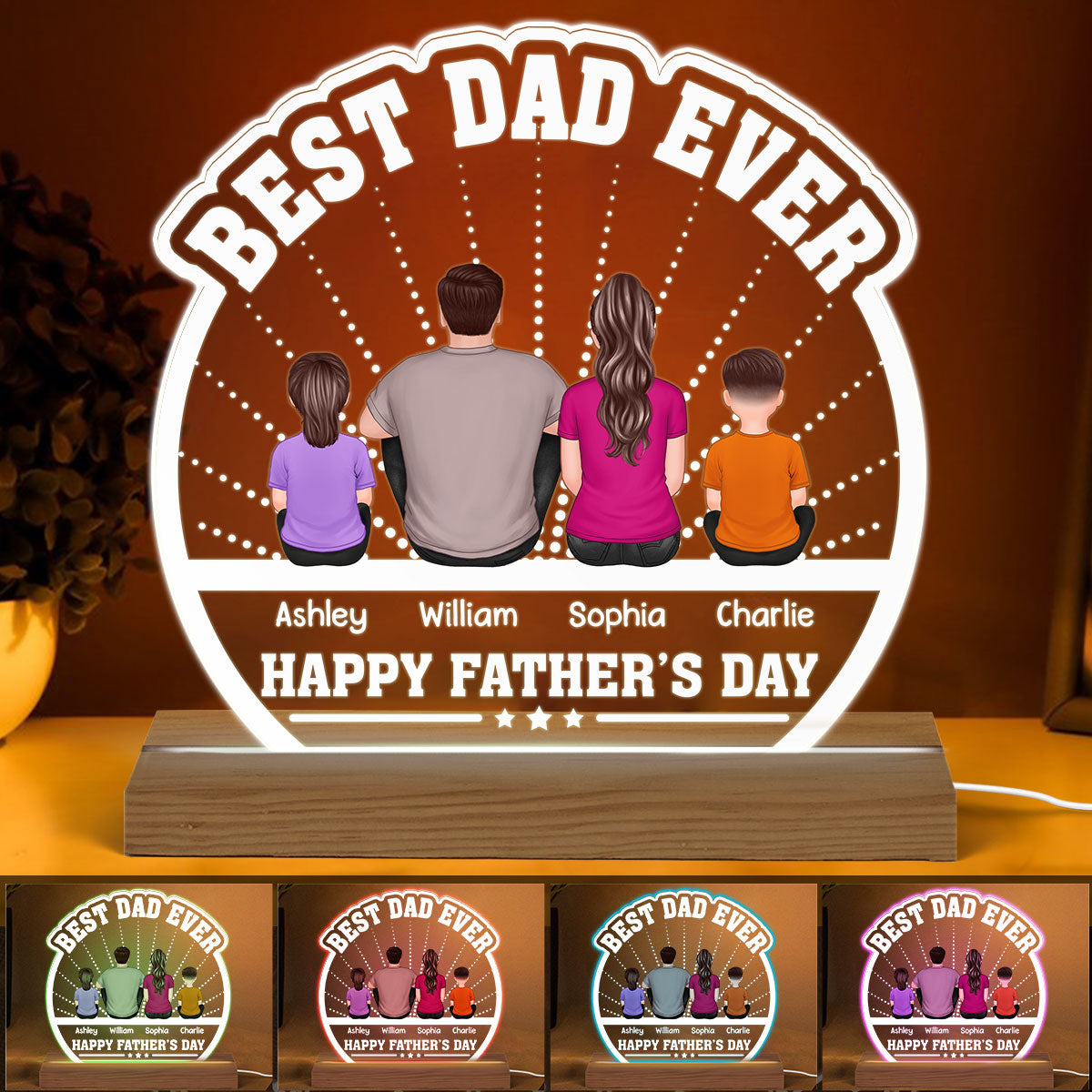 Best Dad Ever Back View Man Kids Dog Cat Personalized Custom Shaped Acrylic Plaque With LED Night Light