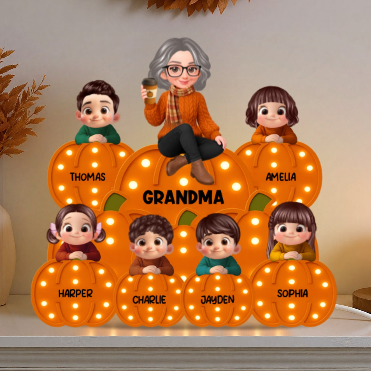 Fall Season Grandma Grandkids On Marquee Pattern Texture Pumpkins Personalized LED Light Box