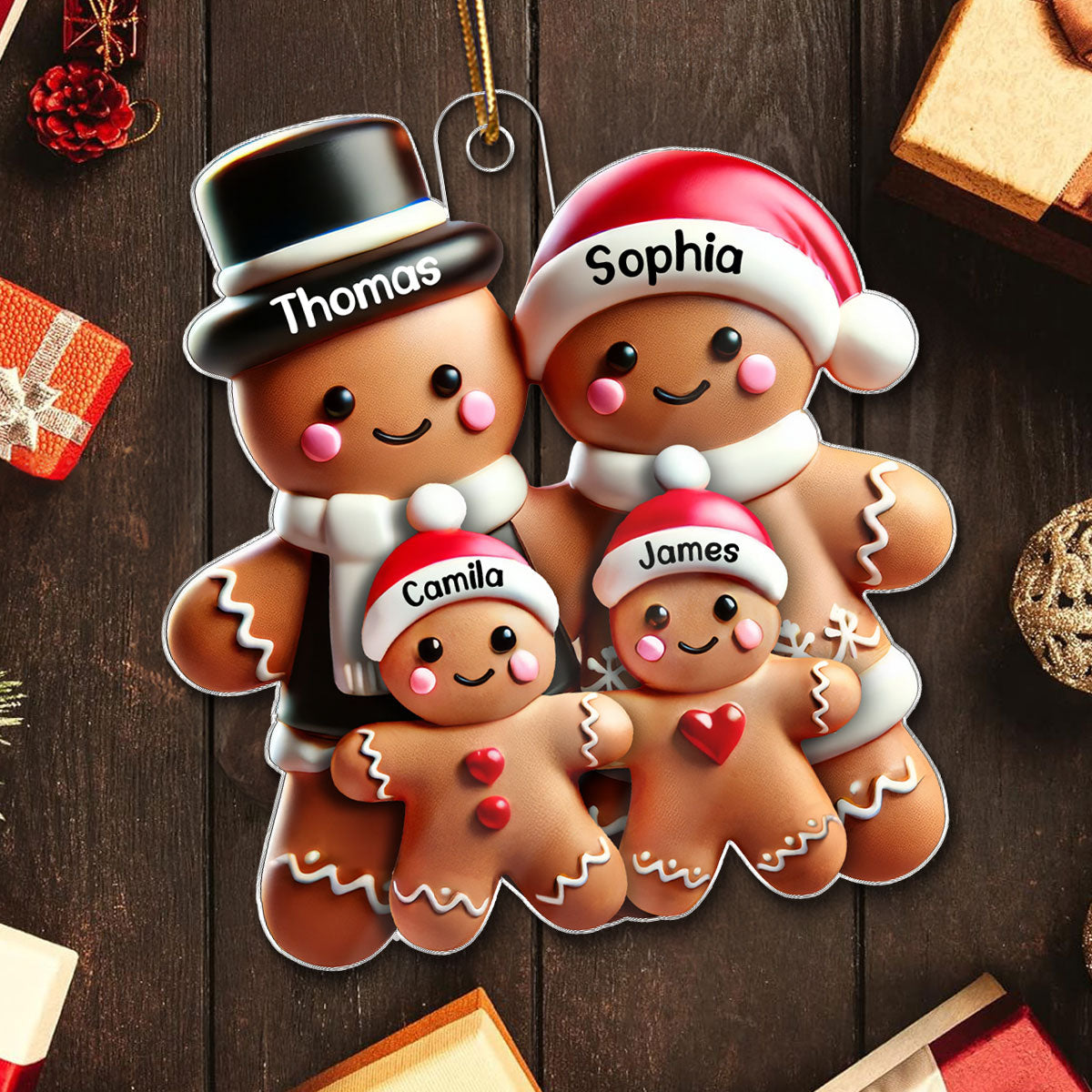 Gingerbread With Clothes Family Smooth Finish 3D Effect Personalized Acrylic Ornament
