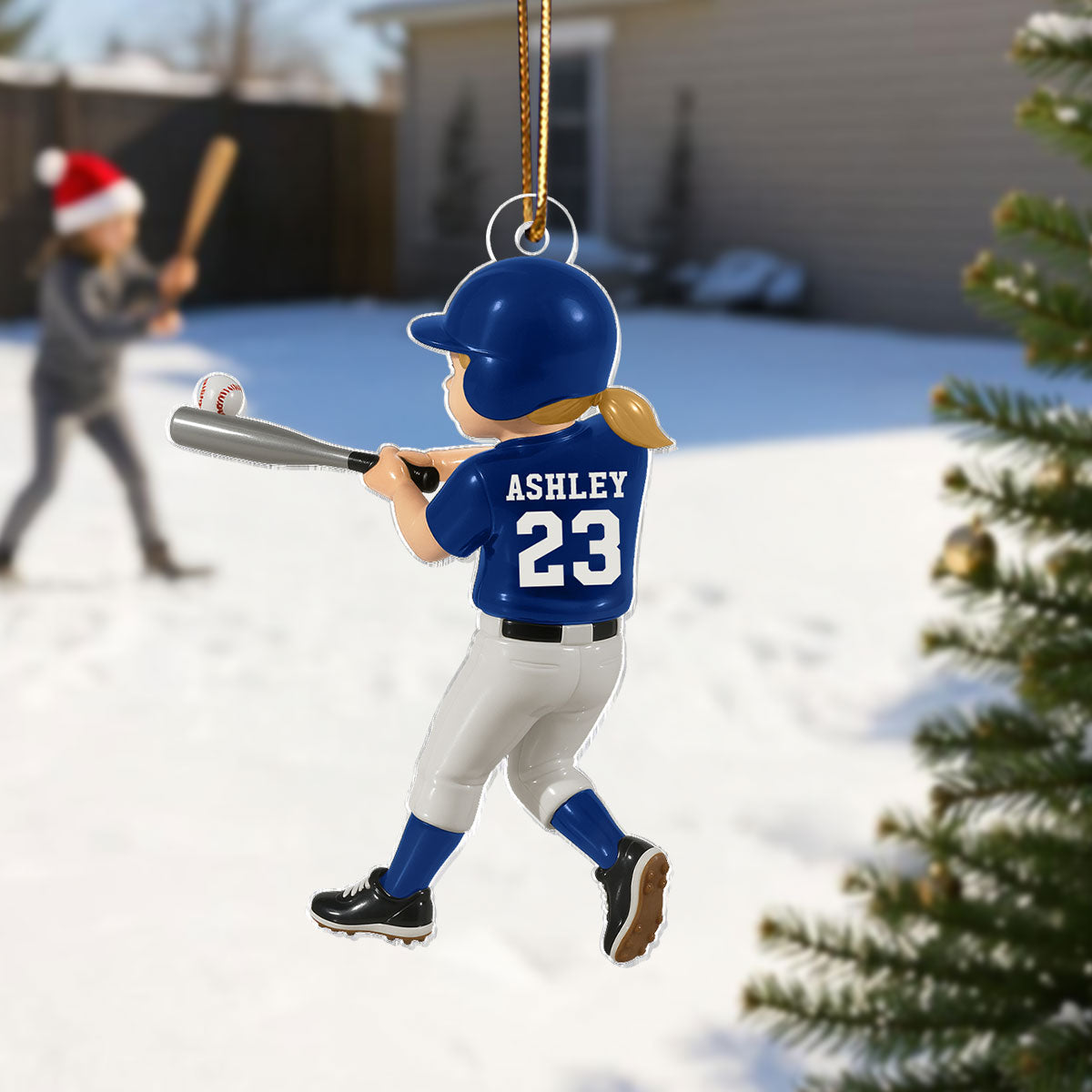Personalized Baseball Player Ornament – Kid Hitting Ball, 3D Effect Acrylic Flat Ornament