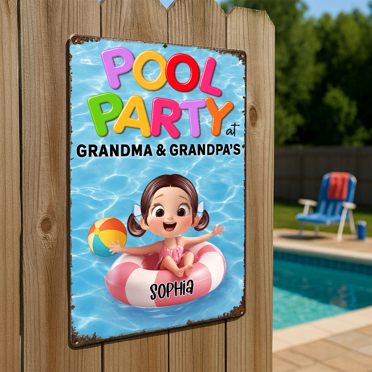 Pool Party at Grandma & Grandpa Personalized Metal Sign, Grandkids Summer Sign