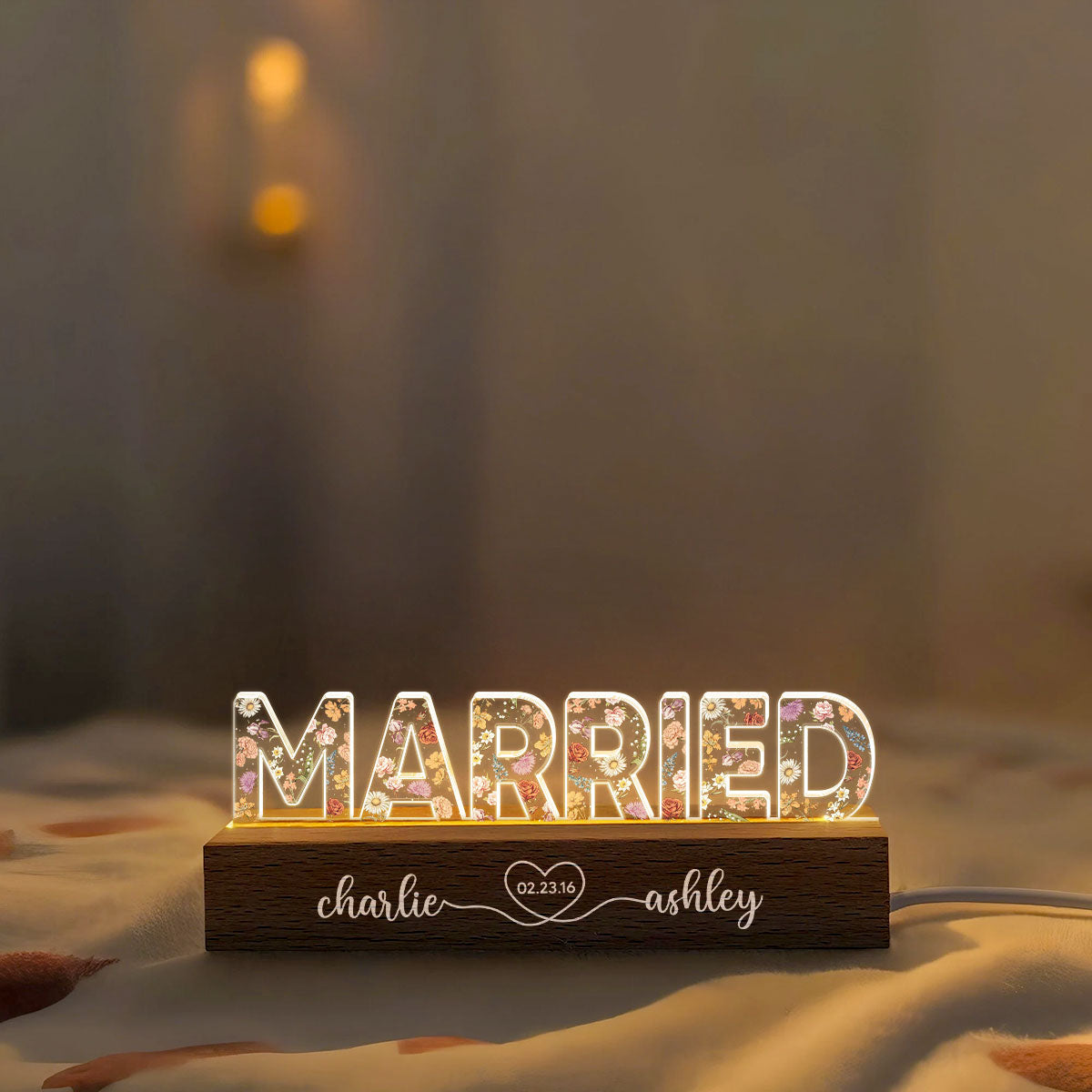 Personalized Couple Wedding Married Floral Theme Anniversary Gift Acrylic Block LED Night Light, Heartfelt 2025  Gift, For Him, For Her, For Husband, For Wife