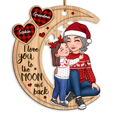 Checkered Pattern Heart Cute Grandkid Hugging Sitting Grandma On Moon Personalized Wooden Ornament