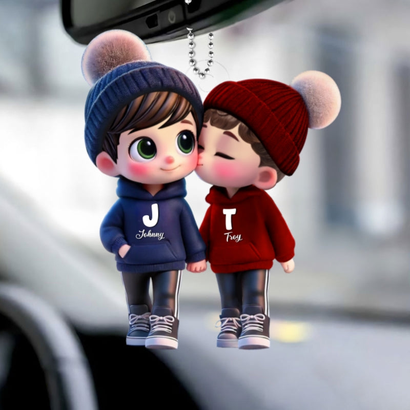 Personalized 3D Cartoon Gay Couple Car Ornament – Cute Acrylic Gift for Pride Month