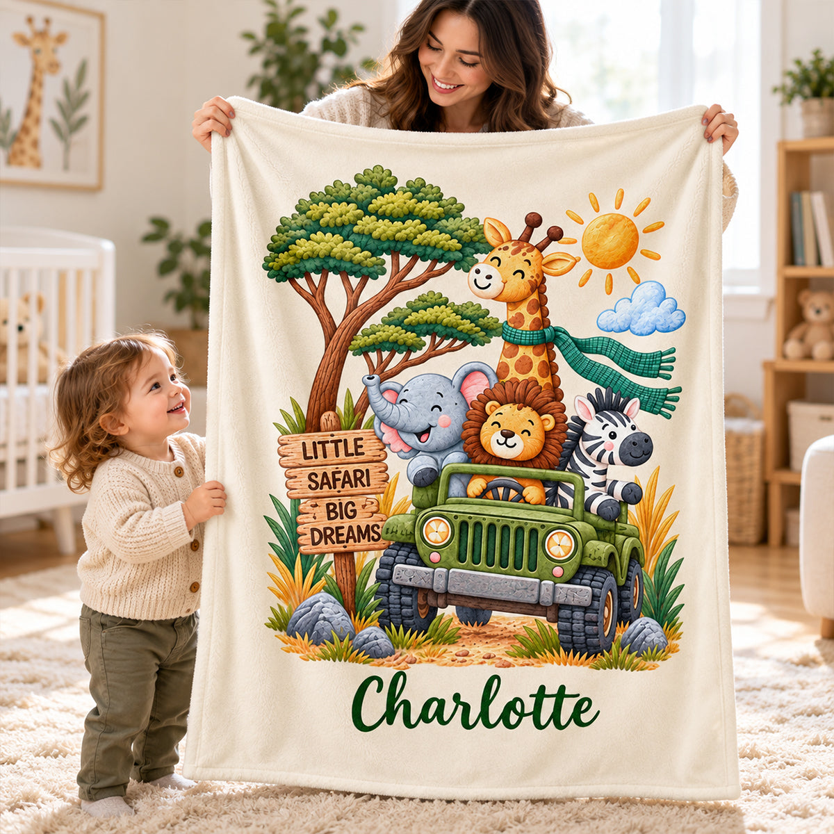 Little Safari Big Dreams Custom Name - Personalized Fleece Blanket - Baby Shower Gift, Birthday Gift For Baby Boys, Girls, Toddlers, Grandkids