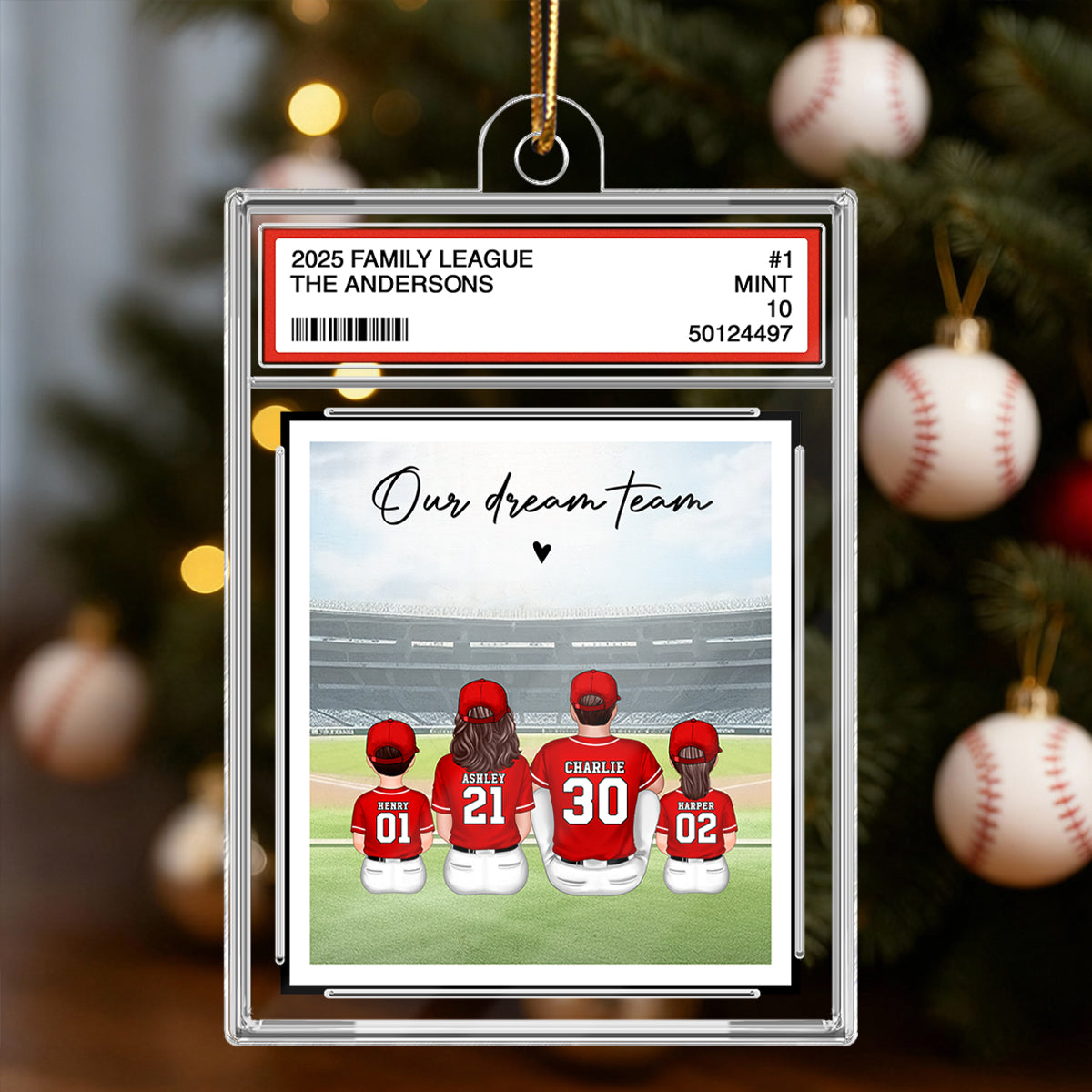 Baseball Family Sitting Couple & Kids Trading Card Style - Personalized Acrylic Ornament - Christmas Decor For Baseball Lovers