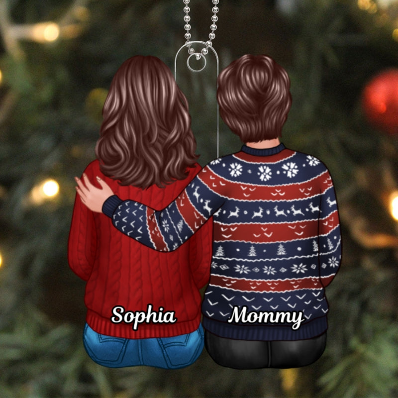 Family Dad Mom Son Daughter Sitting Hugging Christmas Gift Personalized Acrylic Ornament