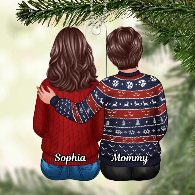 Family Dad Mom Son Daughter Sitting Hugging Christmas Gift Personalized Acrylic Ornament
