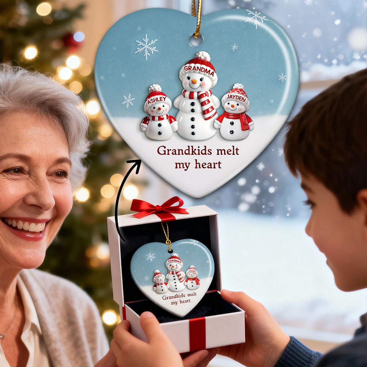3D Effect Snowman Grandma & Grandkids - Personalized Ceramic Ornament - Christmas Gift For Grandchildren, Grandma
