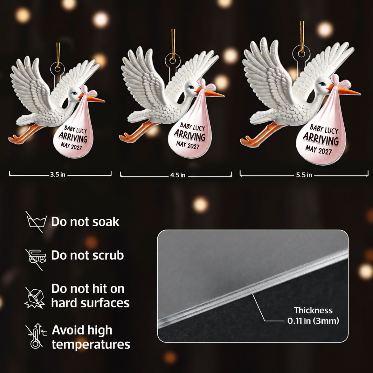 Stork Carrying Baby Bundle New Baby Arriving 3D Effect Personalized Acrylic Flat Ornament