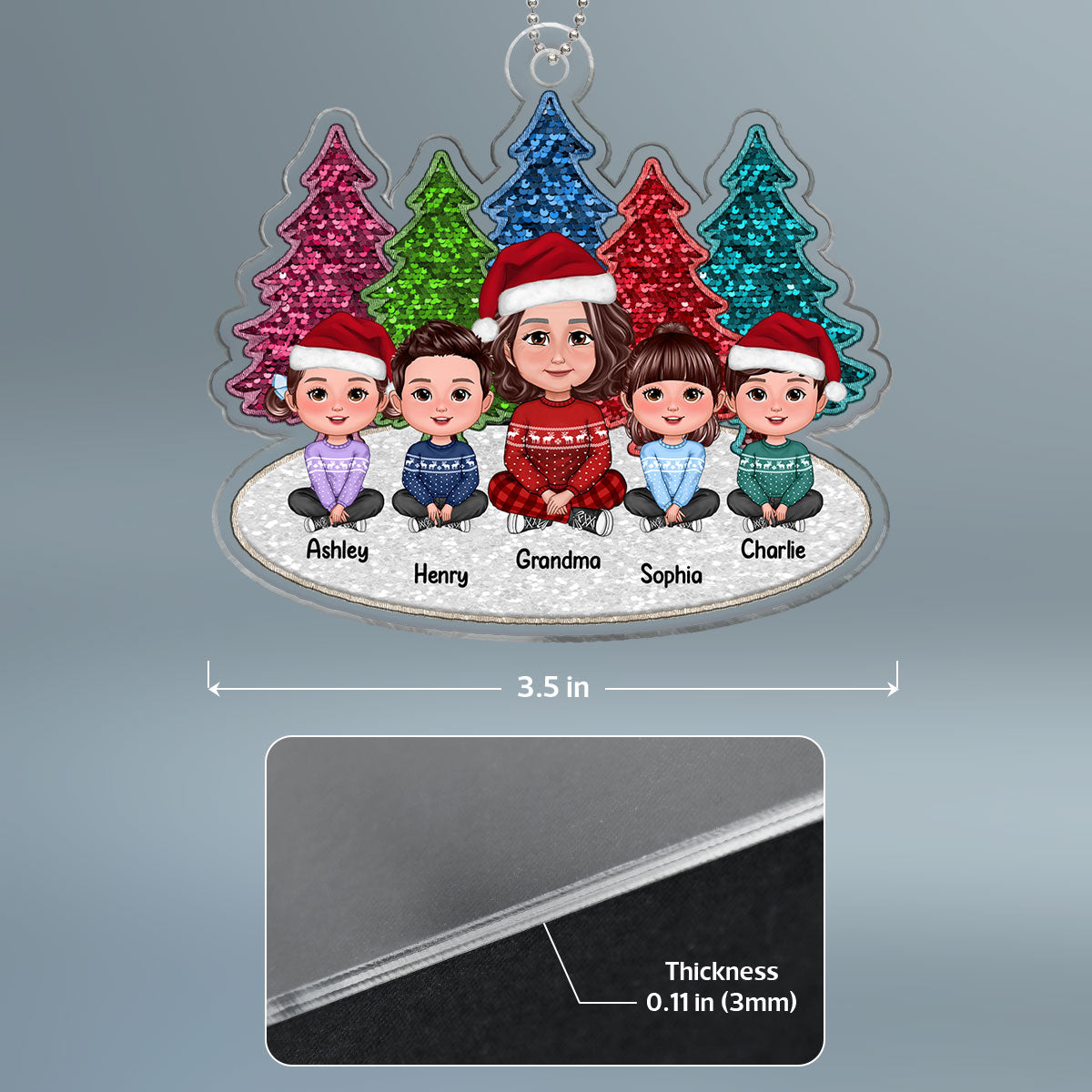 Sequins Pattern Christmas Trees Grandma & Grandkids Sitting Personalized Acrylic Ornament