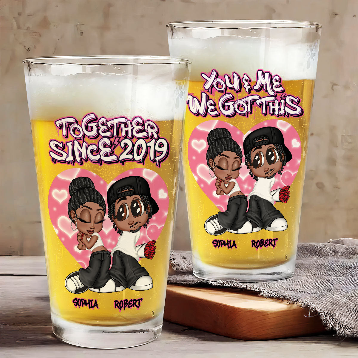 Y2K Couple Airbrushed Personalized Beer Glass, Pint Glass, Gift For Him, Gift For Her