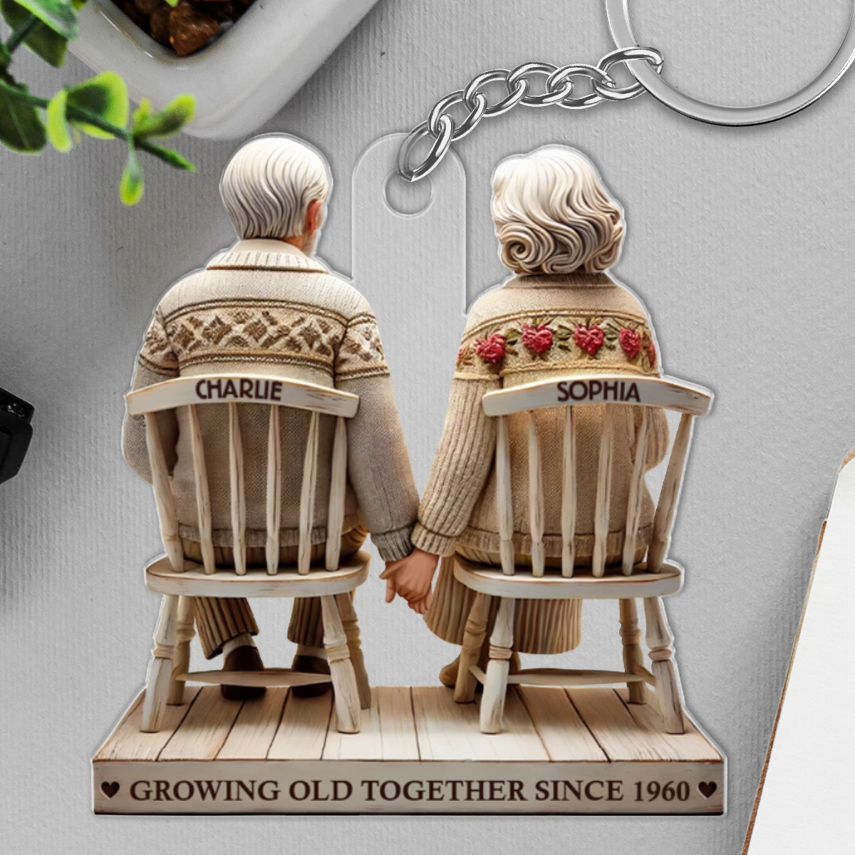 3D Effect Old Couple Holding Hands Sitting Together Personalized Keychain, Heartfelt Gift For Couple, For Him, For Her, Husband, Wife