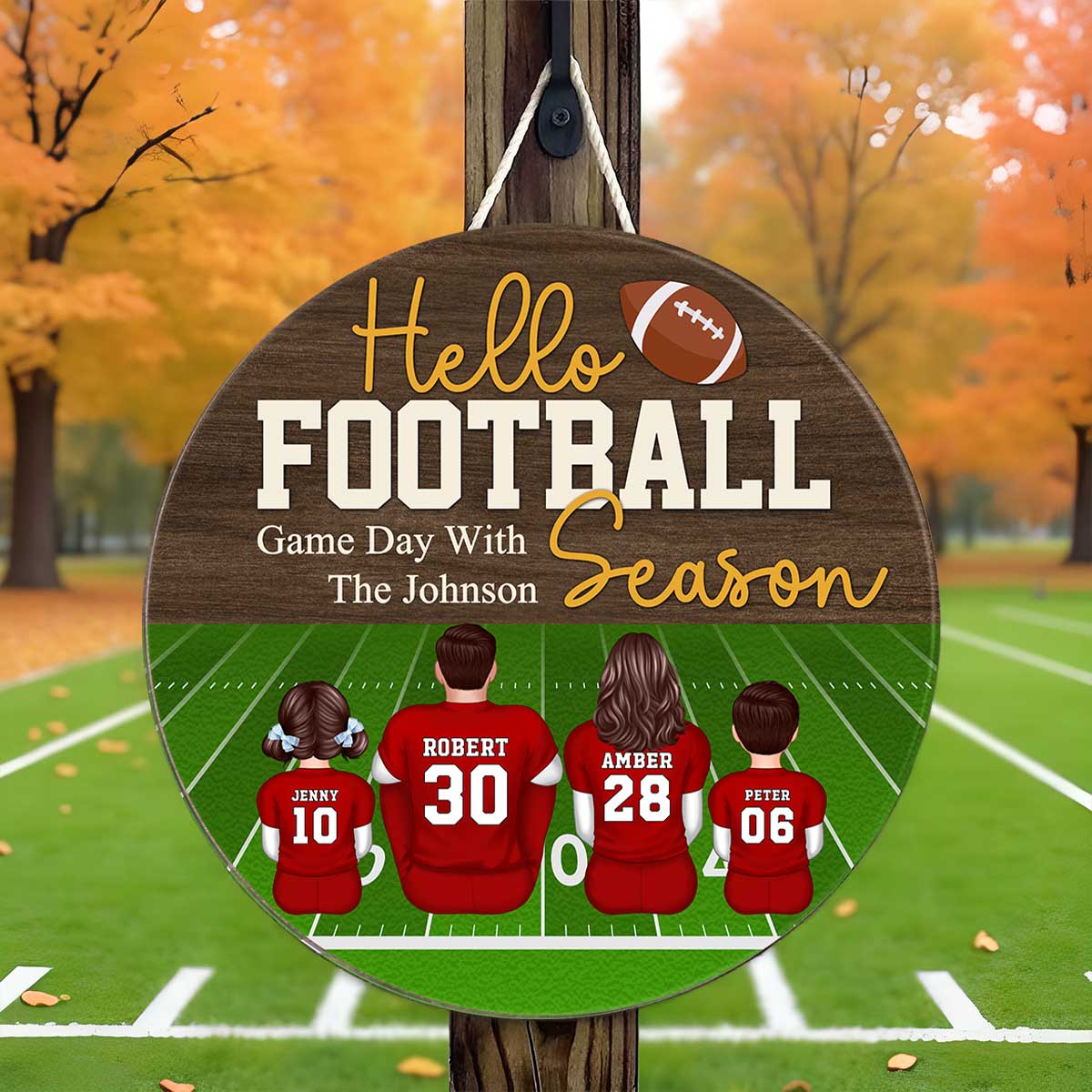 Hello Football Season Personalized Round Door Hanger, Family Fall Decor