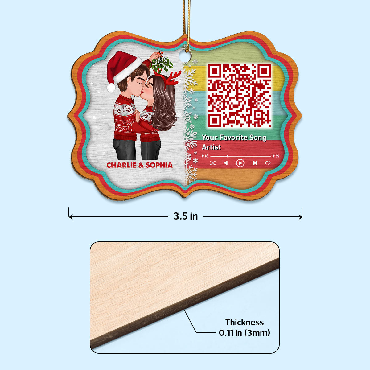 Couple Kissing Under Mistletoe Favorite Song Scannable QR Code Christmas Personalized Wooden Ornament