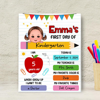 Cute Kid First Day Of School Personalized Board Sign, Editable, Reusable Back To School Sign