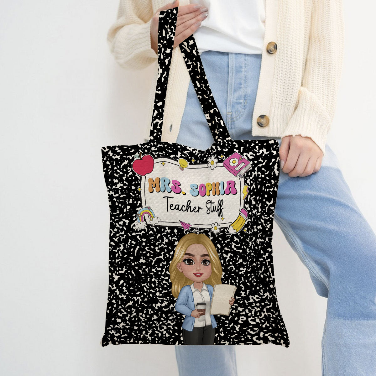 Teacher Composition Book Pattern Personalized Tote Bag, Back To School Gift For Teacher