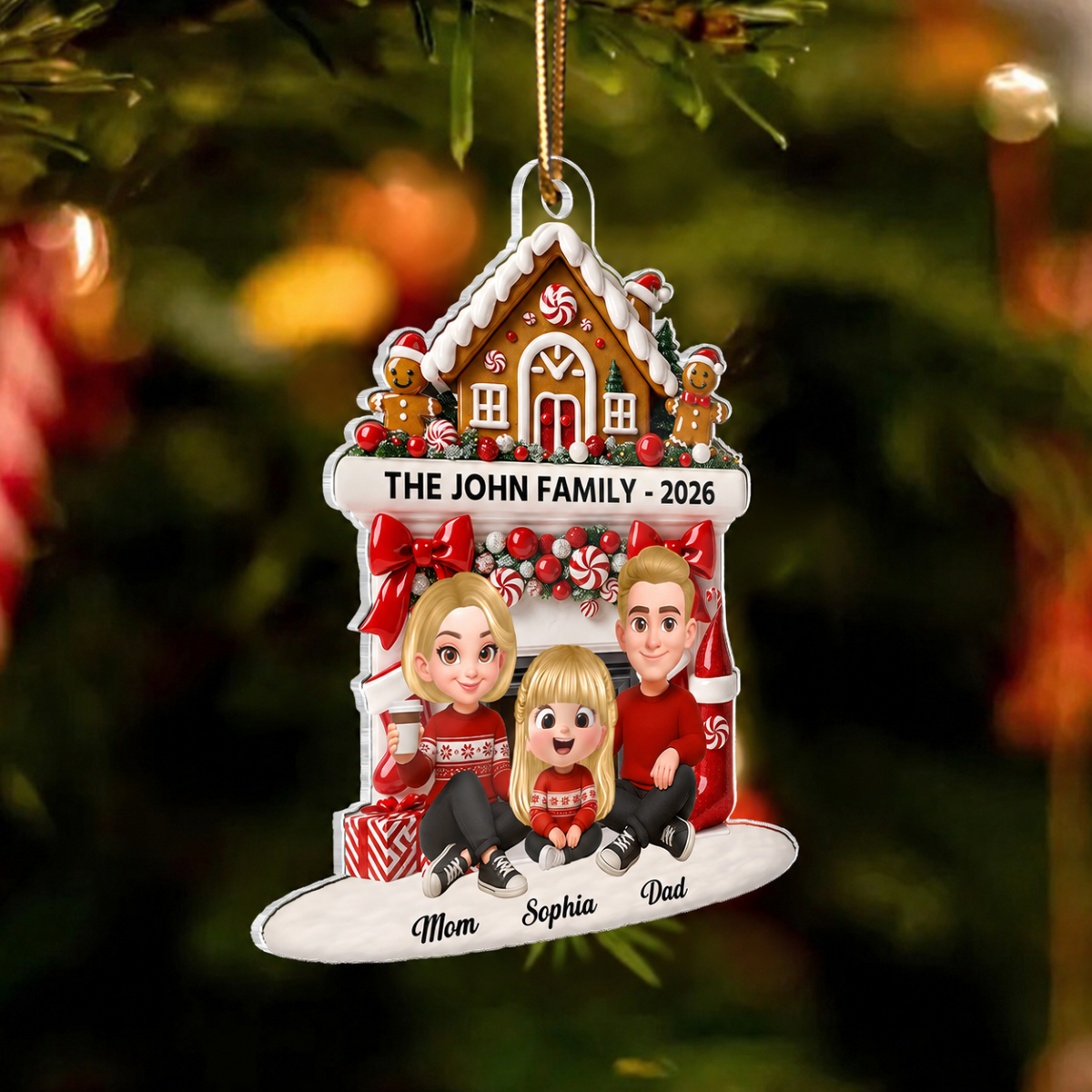 Family Sitting by the Fireplace Personalized Acrylic Ornament - Christmas Gift for Mom, Dad, Children