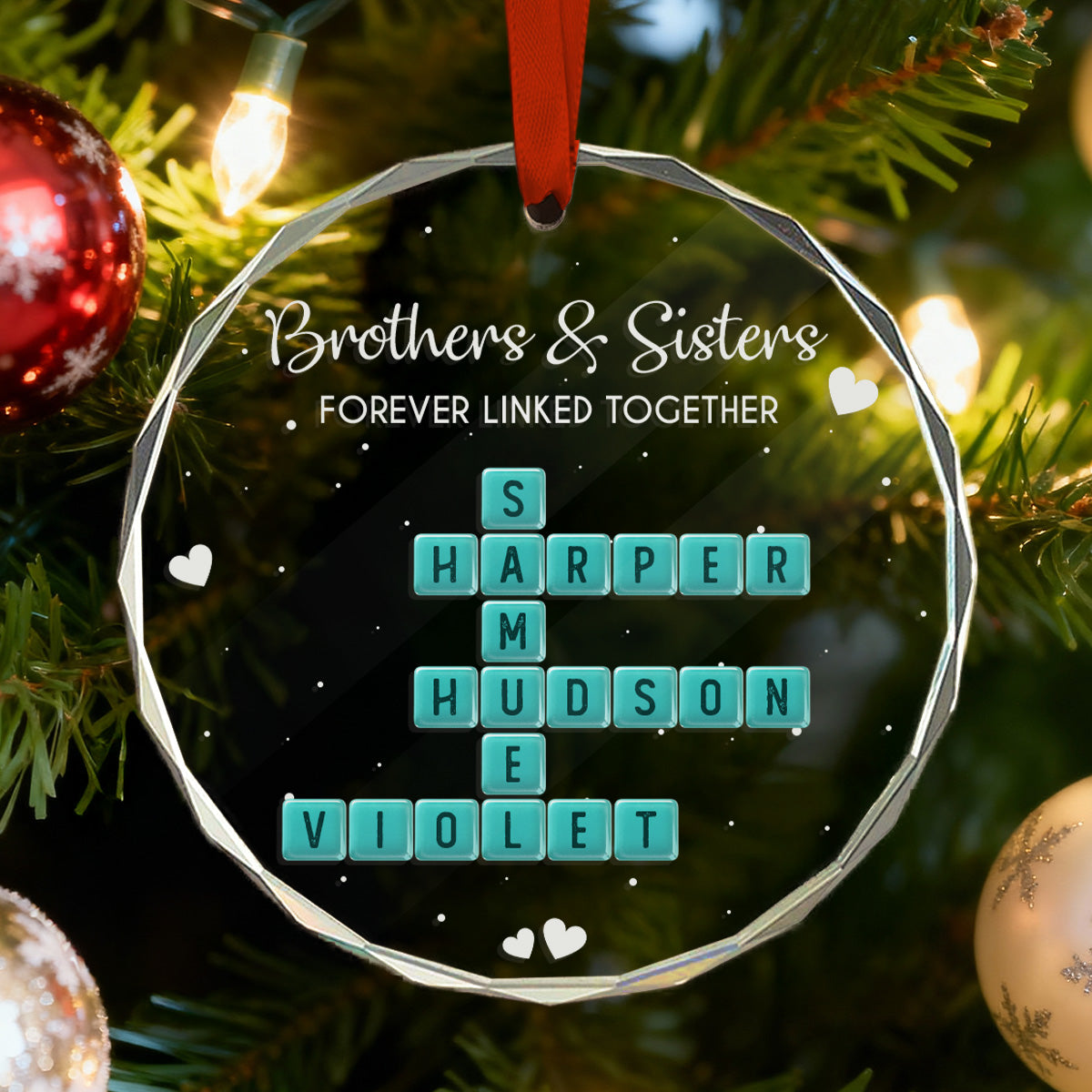 Brothers Sisters Siblings Forever Linked Together Crossword Puzzle Art Personalized Glass Ornament