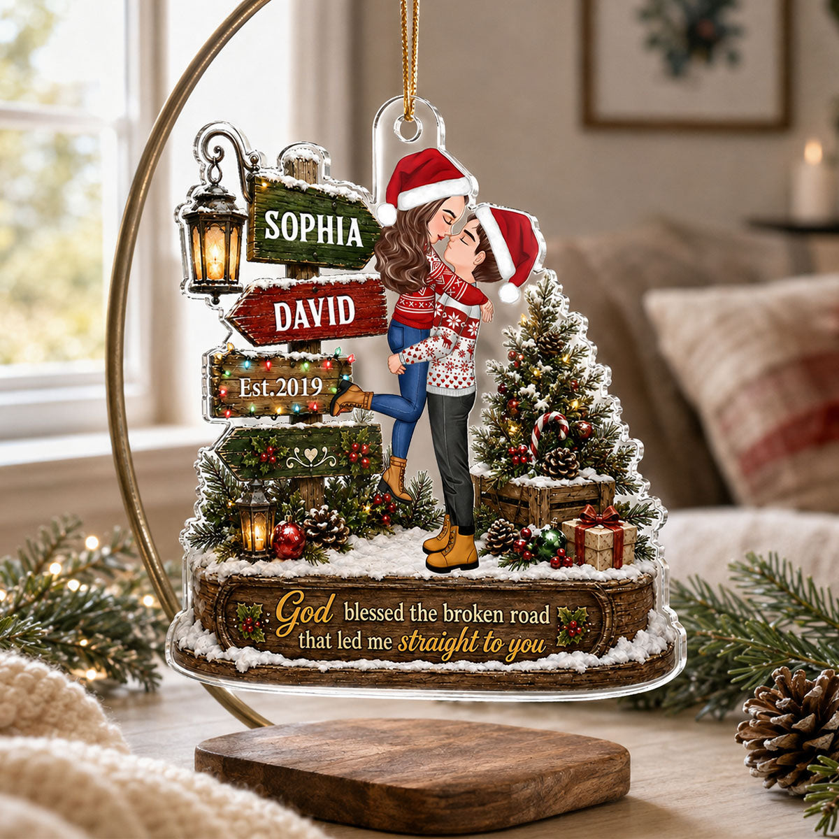 God Blessed the Broken Road That Led Me Straight to You - Personalized Acrylic Ornament - Couple Christmas Gift for Her, for Him