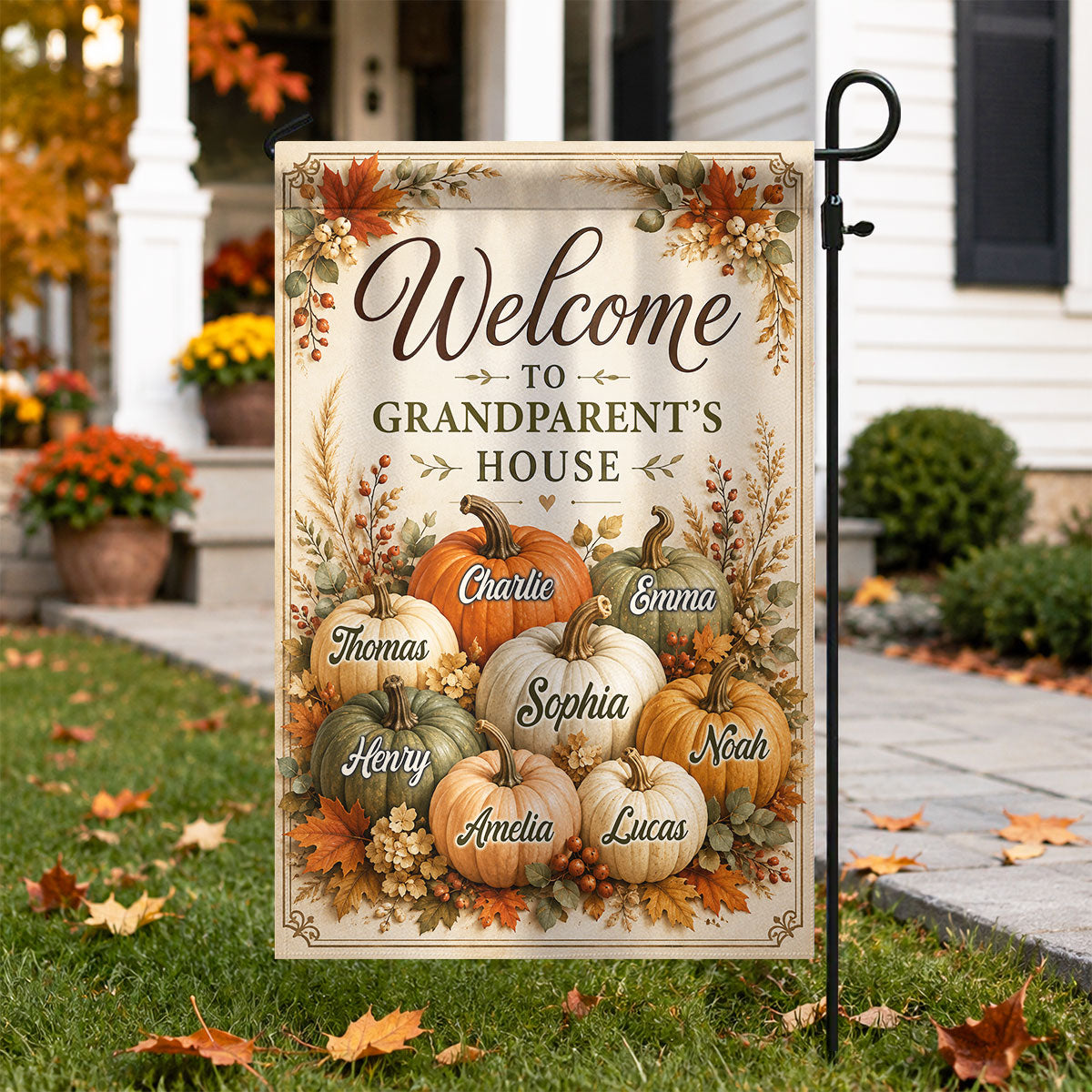 Welcome To Grandparent's House Fall Pumpkin - Personalized Garden Flag - Fall Season Decor Gift, Gift For Grandma, Grandpa
