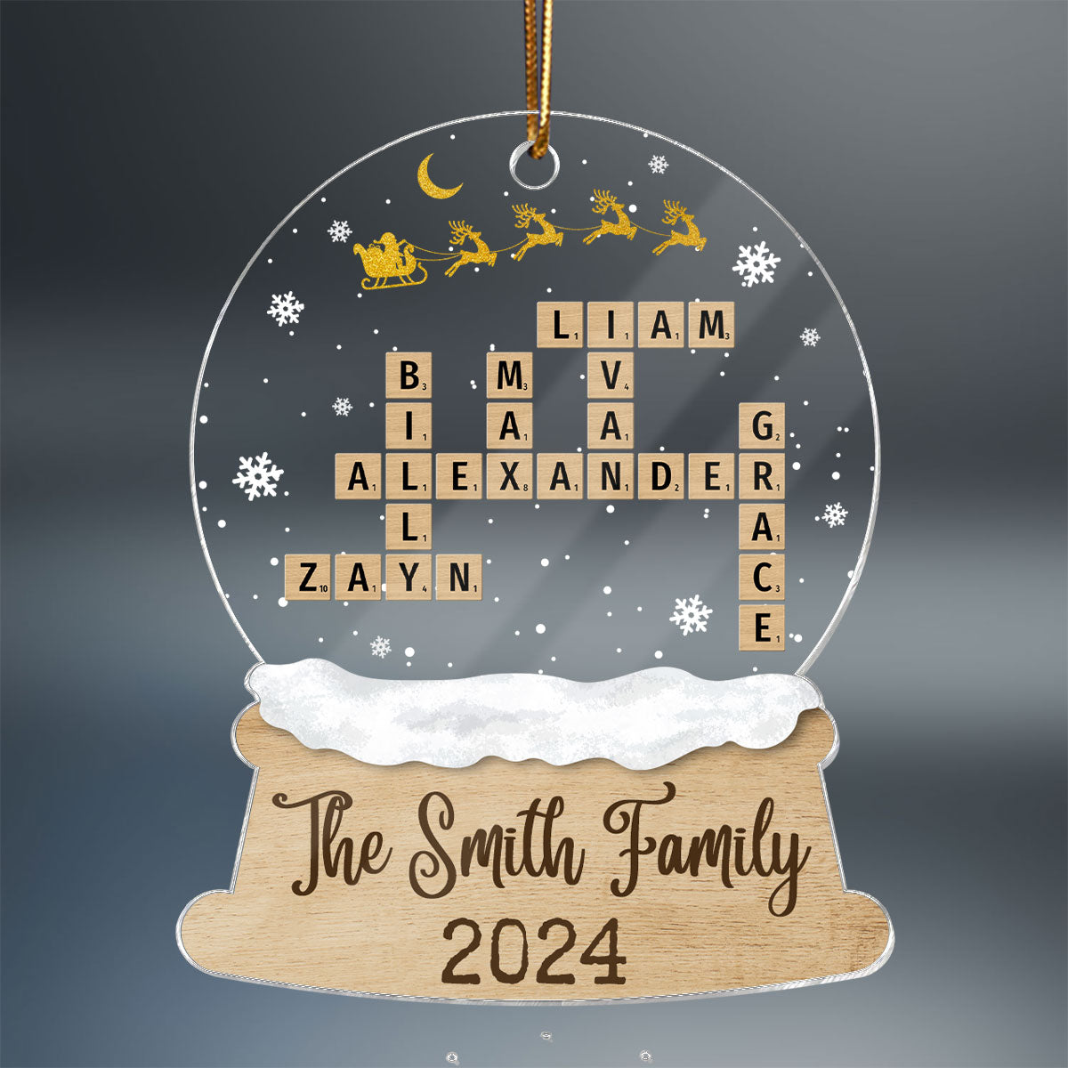 Snow Globe Christmas Sleigh Family Puzzle Crossword Personalized Acrylic Ornament, Christmas Gift For Family