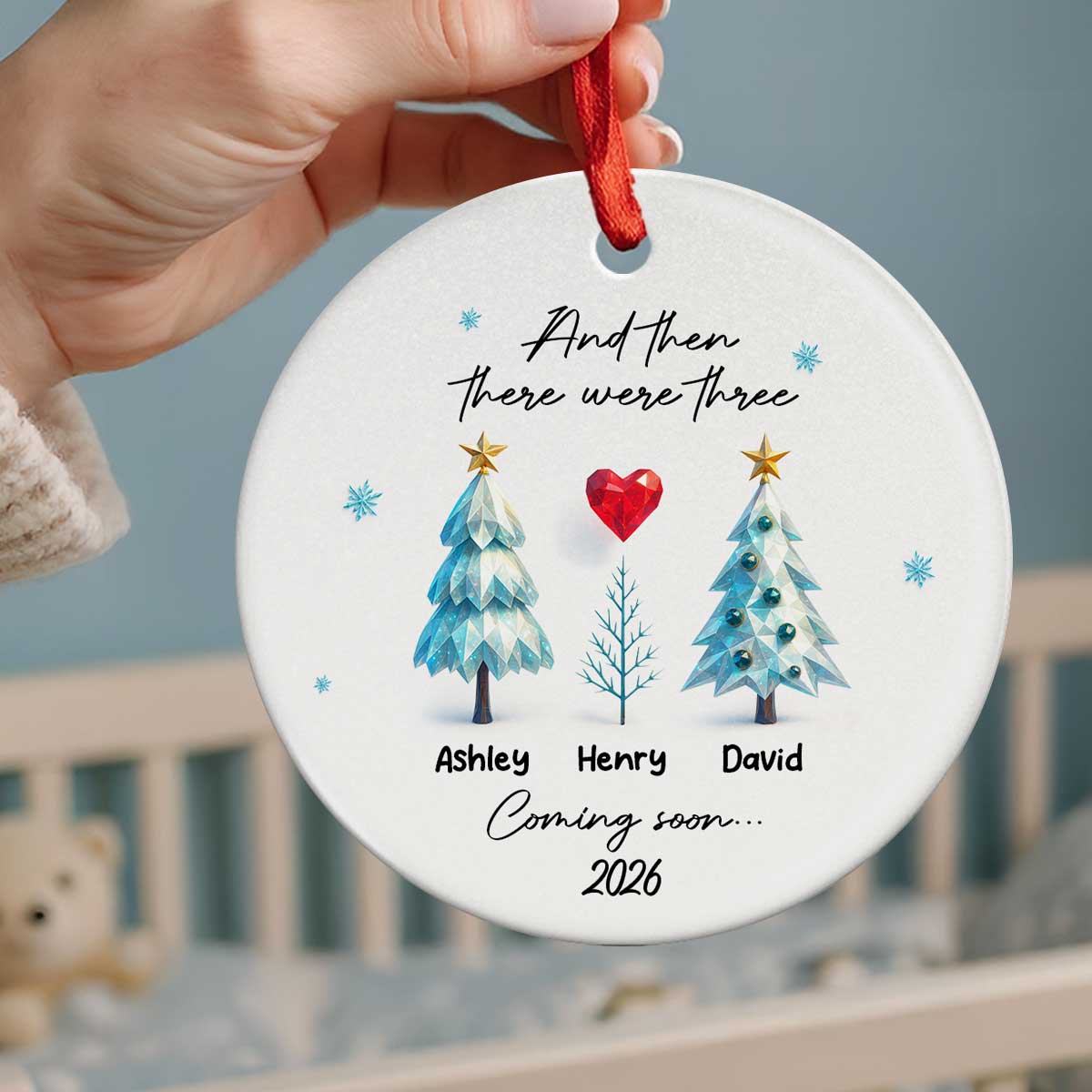 And Then There Were Three Expecting Baby Crystal Pattern - Personalized Ceramic Orrnament - Special Christmas Gift For Expecting Parents
