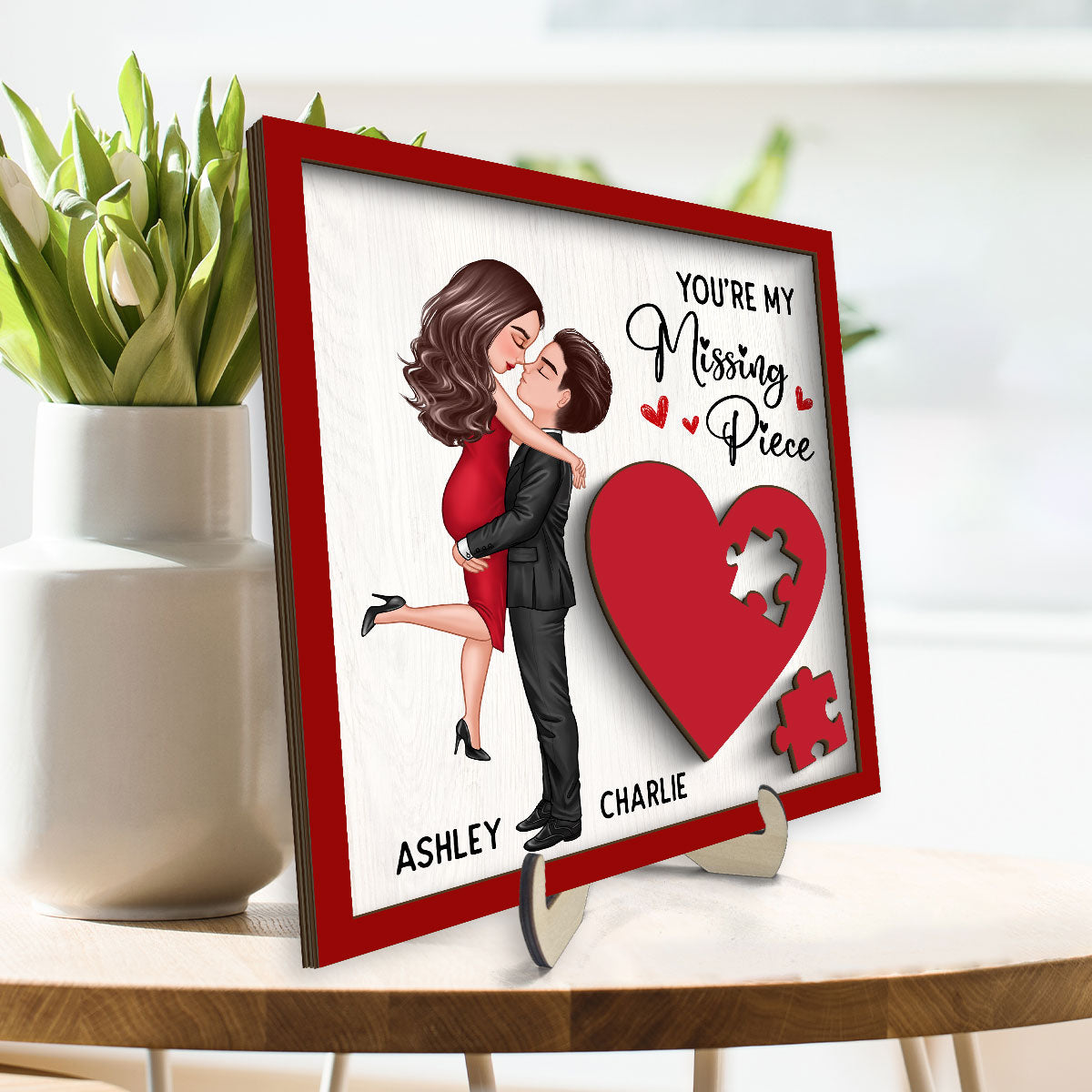 Couple Missing Piece Red Heart Theme Valentine‘s Day Gift Personalized 2-layer Wooden Plaque