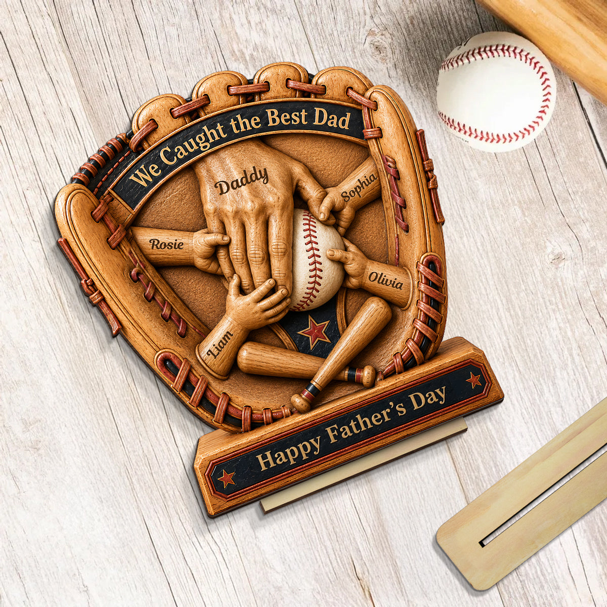 Baseball Glove Dad & Kids' Hands - Personalized 2-Layered Wooden Plaque - Father's Day Gift For Dad, Husband