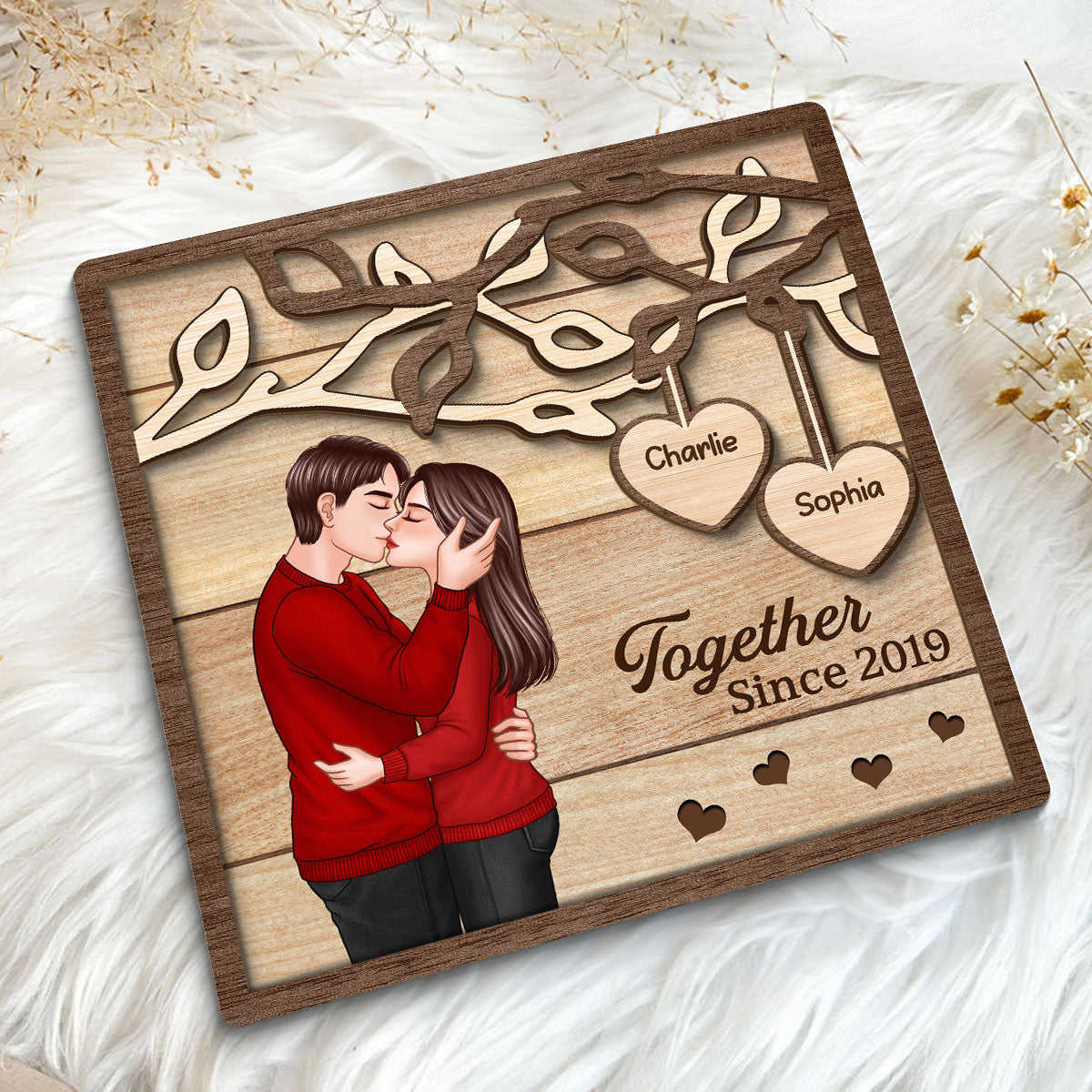Romantic Couple Kissing Under Tree Personalized 2-Layer Wooden Plaque, Valentine‘s Day Gift For Him, For Her
