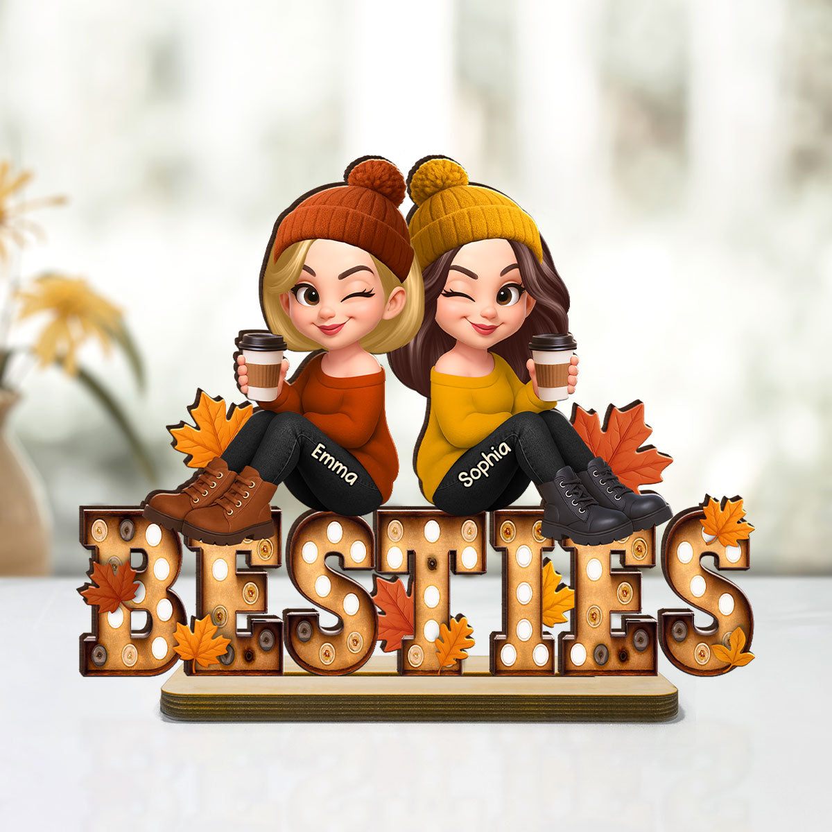 Fall Besties Sitting On Text Marquee Effect Personalized Standing Wooden Plaque, Meaningful Gift For Best Friends