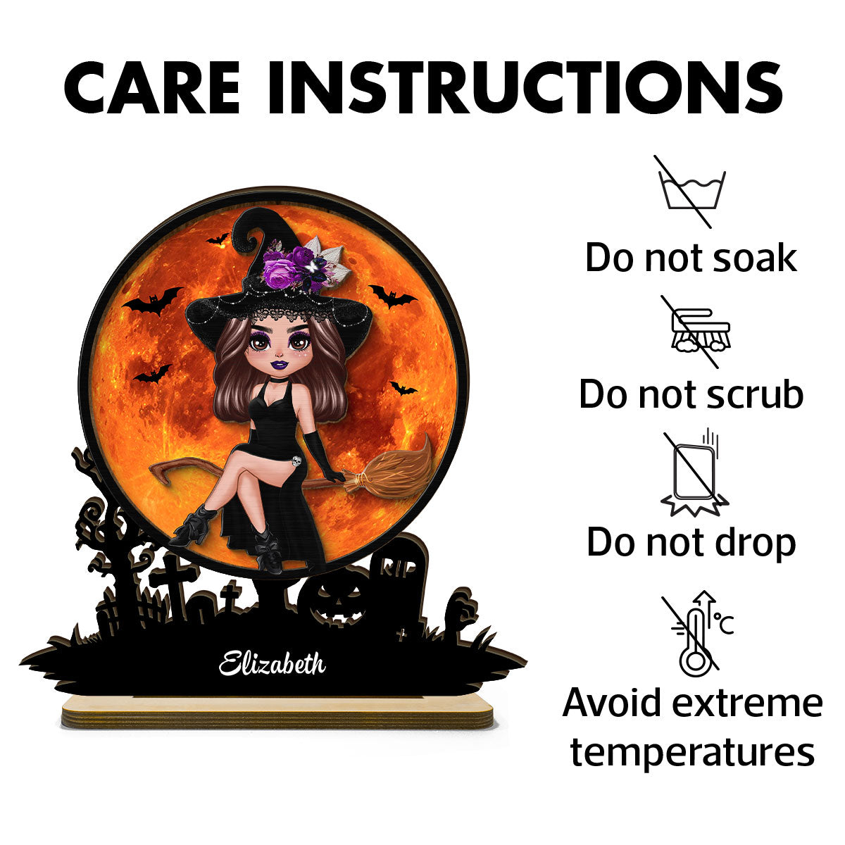 Witch On Broom Halloween Moon Tabletop Tier Tray Wicca Pagan Decor Personalized 2-Layer Standing Wooden Plaque