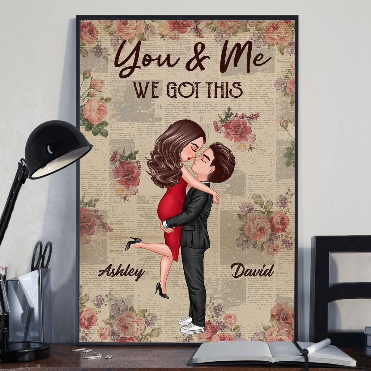 Roses Newspaper Pattern Doll Couple Hugging Kissing Personalized Vertical Poster