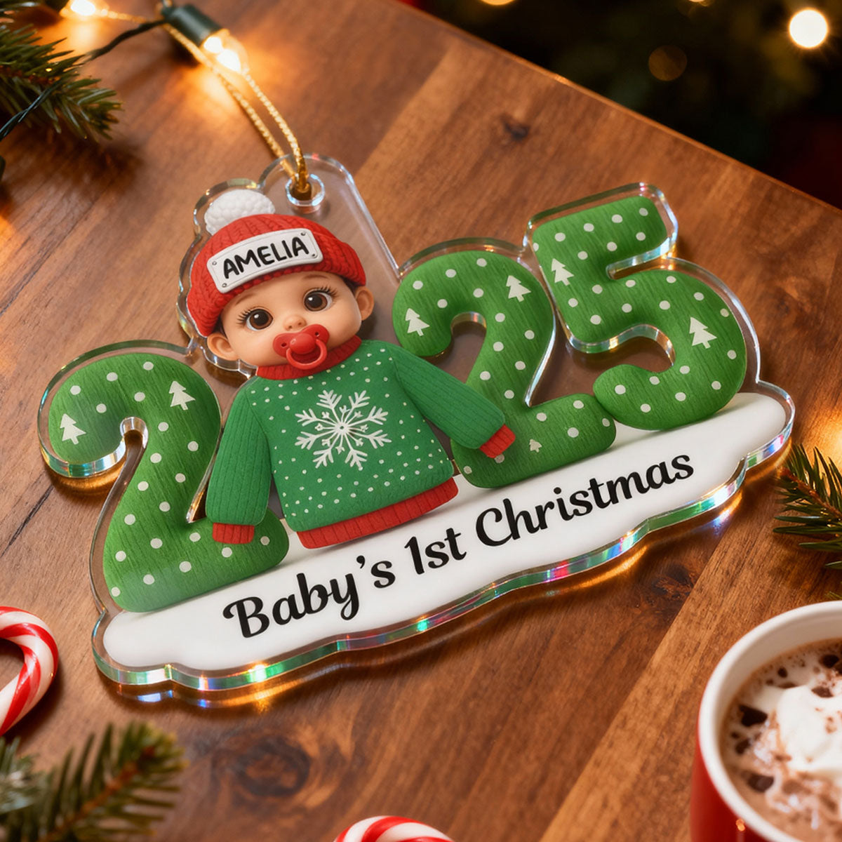 Baby In Ugly Sweater First Christmas - Personalized Acrylic Ornament - Unique Christmas Gift For New Parent, Newborn Keepsake
