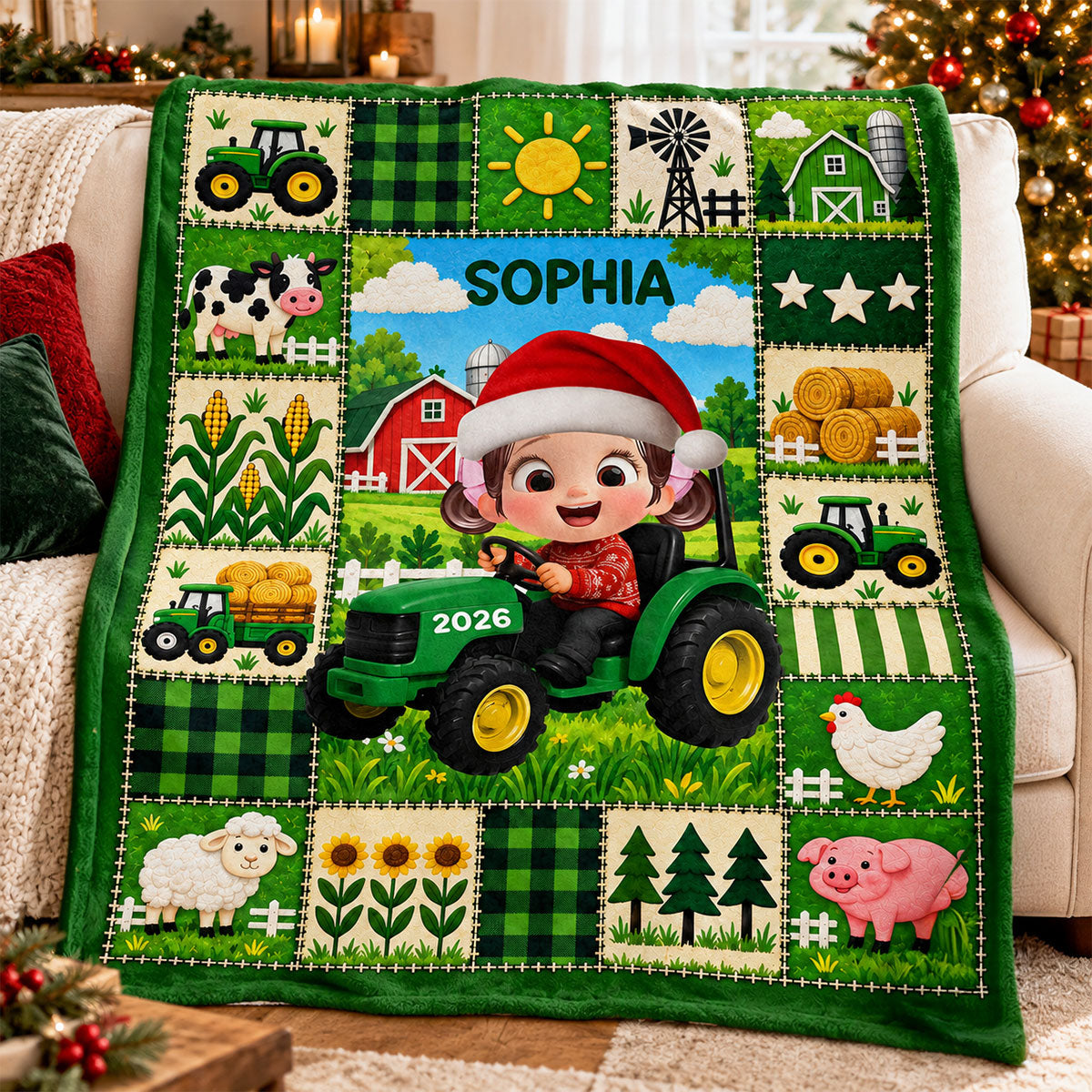Little Boy Girl With Tractor Excavator Backhoe Christmas - Personalized Blanket - Gift For Grandkids, Kids