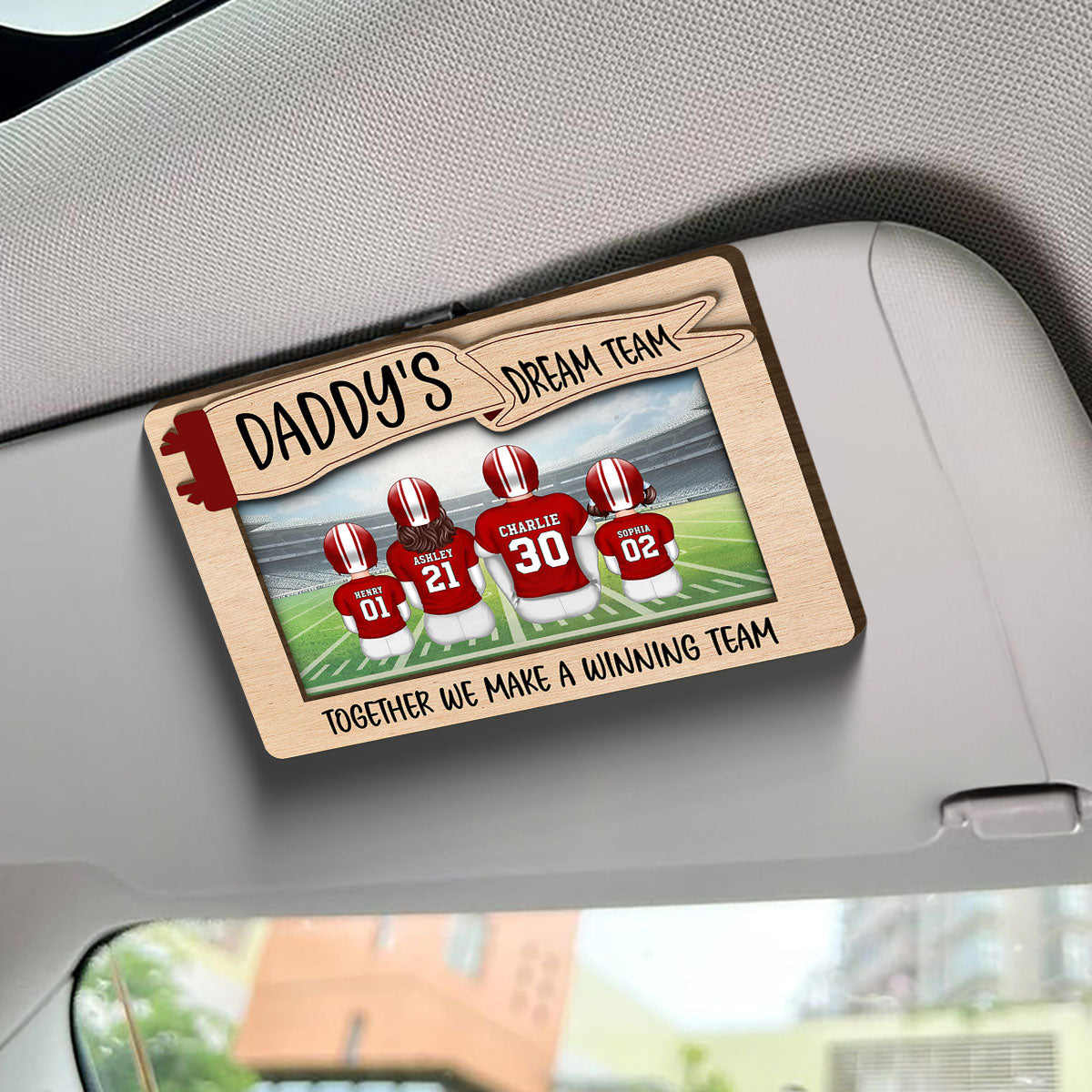 Daddy's Team Football Family Sitting Personalized Car Visor Clip, Gift For Dad, Grandpa, Husband