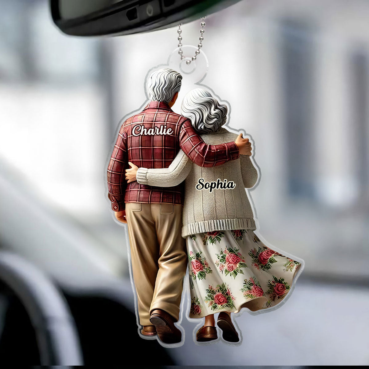 3D Effect Old Couple Walking Together Personalized Car Hanger Ornament, Heartfelt Gift For Couple, For Him, For Her, Husband, Wife