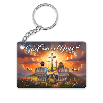 Cross God Gave Me You Couple Sitting Personalized Keychain, Anniversary Gift For Him, Her