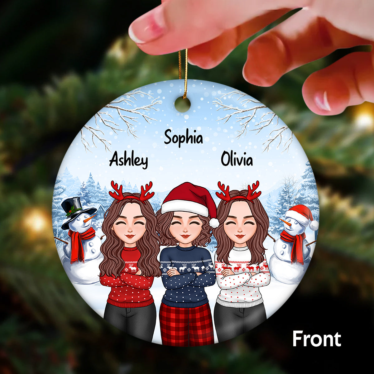Christmas Besties Crossed Arms Sitting In Snow Personalized Double Sided Circle Ornament
