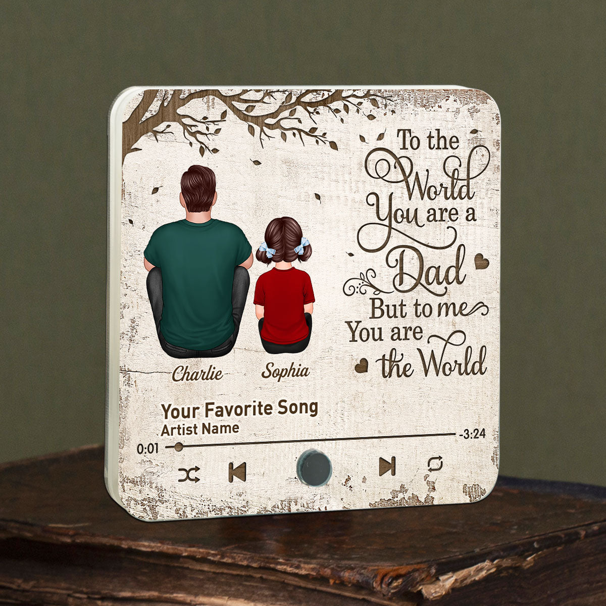 Dad And Kids Dogs Cats Sitting Under Tree To The World You Are A Dad Personalized Personalized Music Fridge Magnet, Heartfelt Gift For Dad