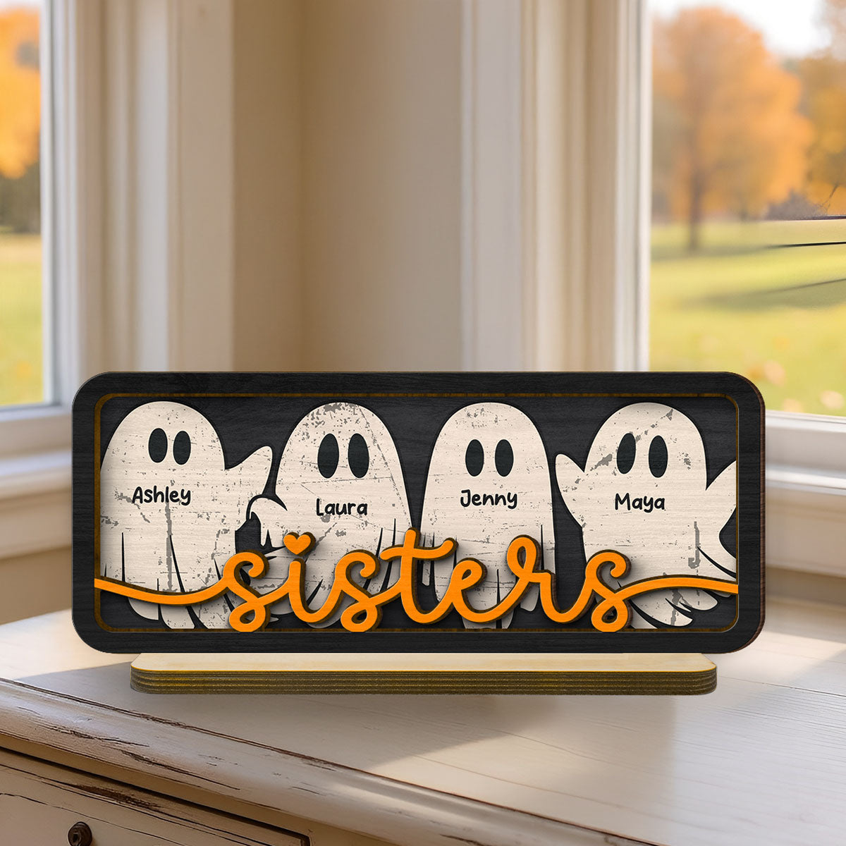 Besties Sister Best Friends Boo Crew Personalized 2-Layer Wooden Plaque, Halloween Gift