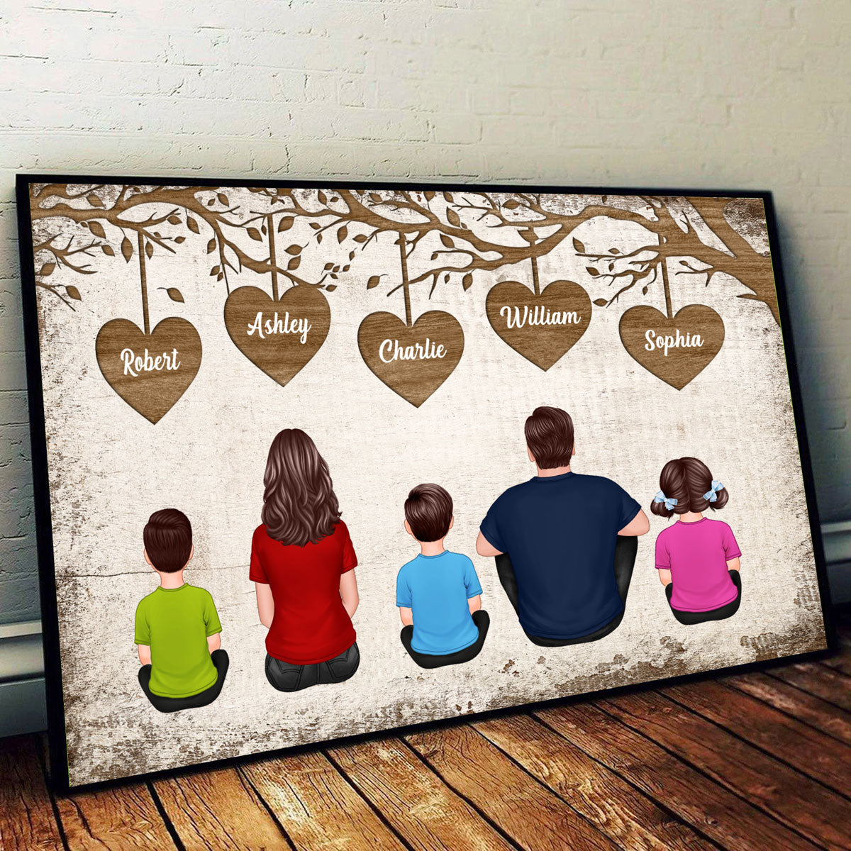 Whole Back View Family Sitting Under Heart Tree Personalized Horizontal Poster