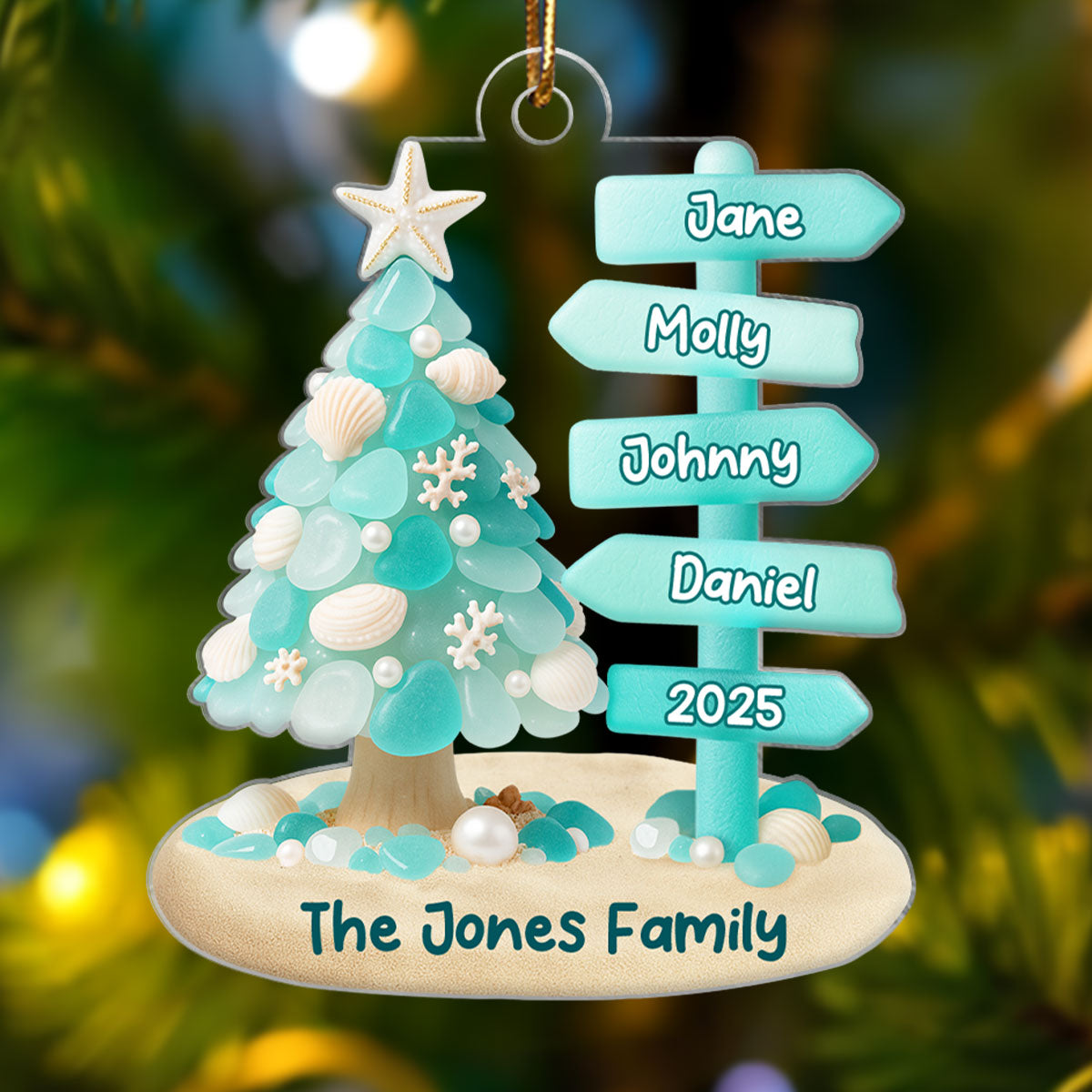 Family Direction Sign Post Sea Glass Pattern - Personalized Acrylic ornament - Christmas Gift for Family, for Her, for Him