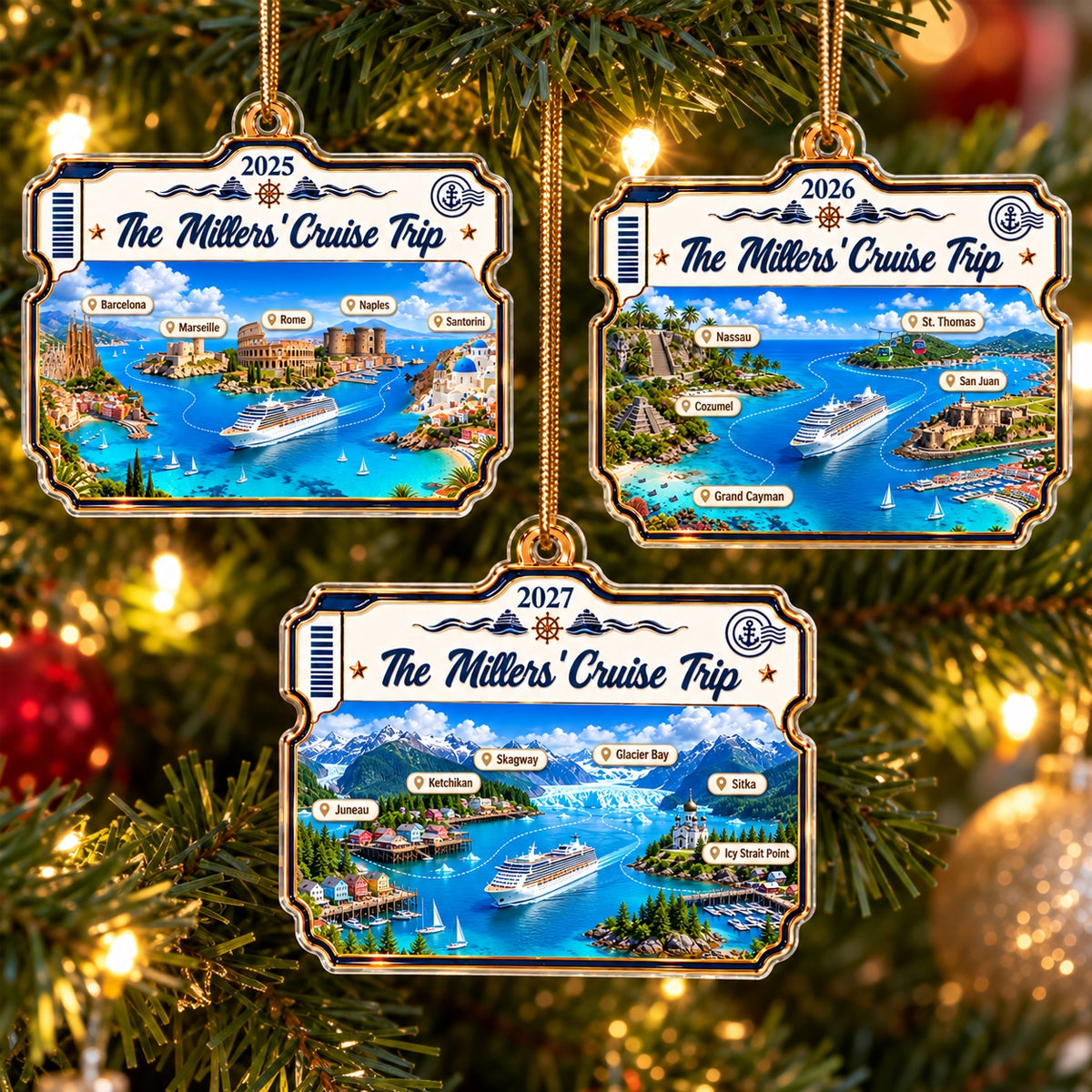 Cruise Destinations Cruise Ticket Frame 2D Flat Printed - Personalized Acrylic Ornament - Cruise Trip Keepsake, Christmas Tree Decor For Family, Couples