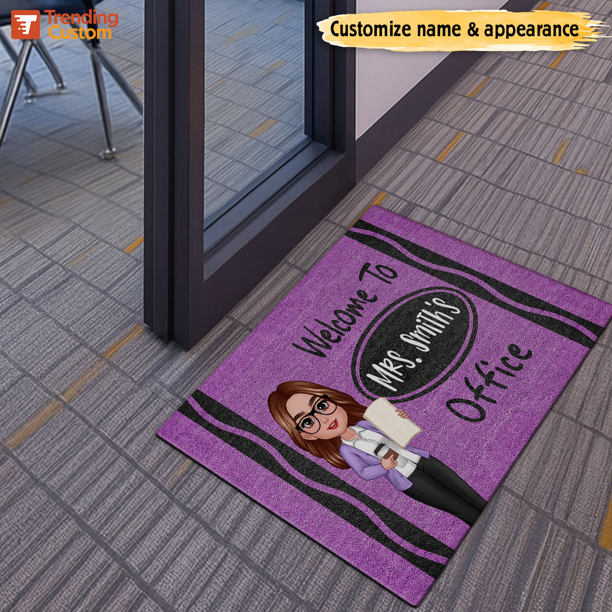 Female Male Teacher Crayon Pattern Welcome To Office Personalized Doormat| Back To School Gift, Classroom Decoration
