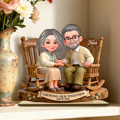 Eternal Love Couple On Rocking Chairs Growing Old Together - Personalized 2-Layer Wooden Plaque - Heartfelt Valentine's Day, Anniversary Gift For Couple, Gift For Him, For Her