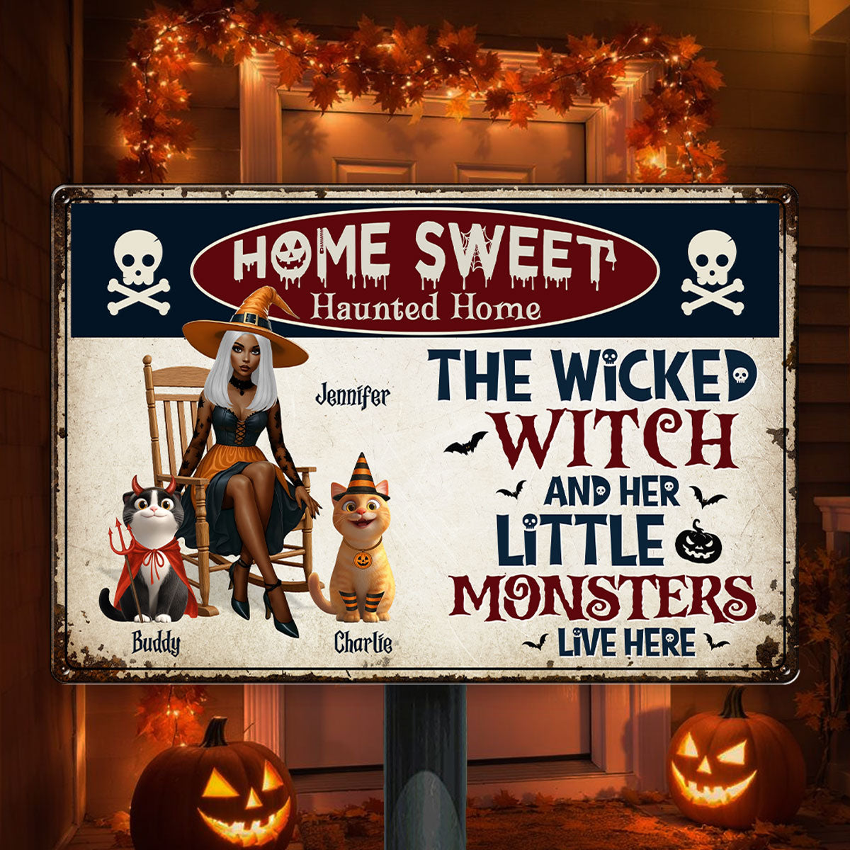 Warning A Wicked Witch and Her Little Monsters Live Here Personalized Metal Sign, Halloween Decor for Cat Lovers