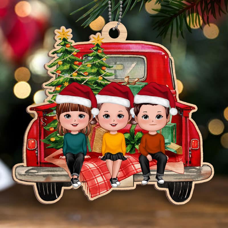 Kids On Red Truck Christmas Personalized Wooden Ornament