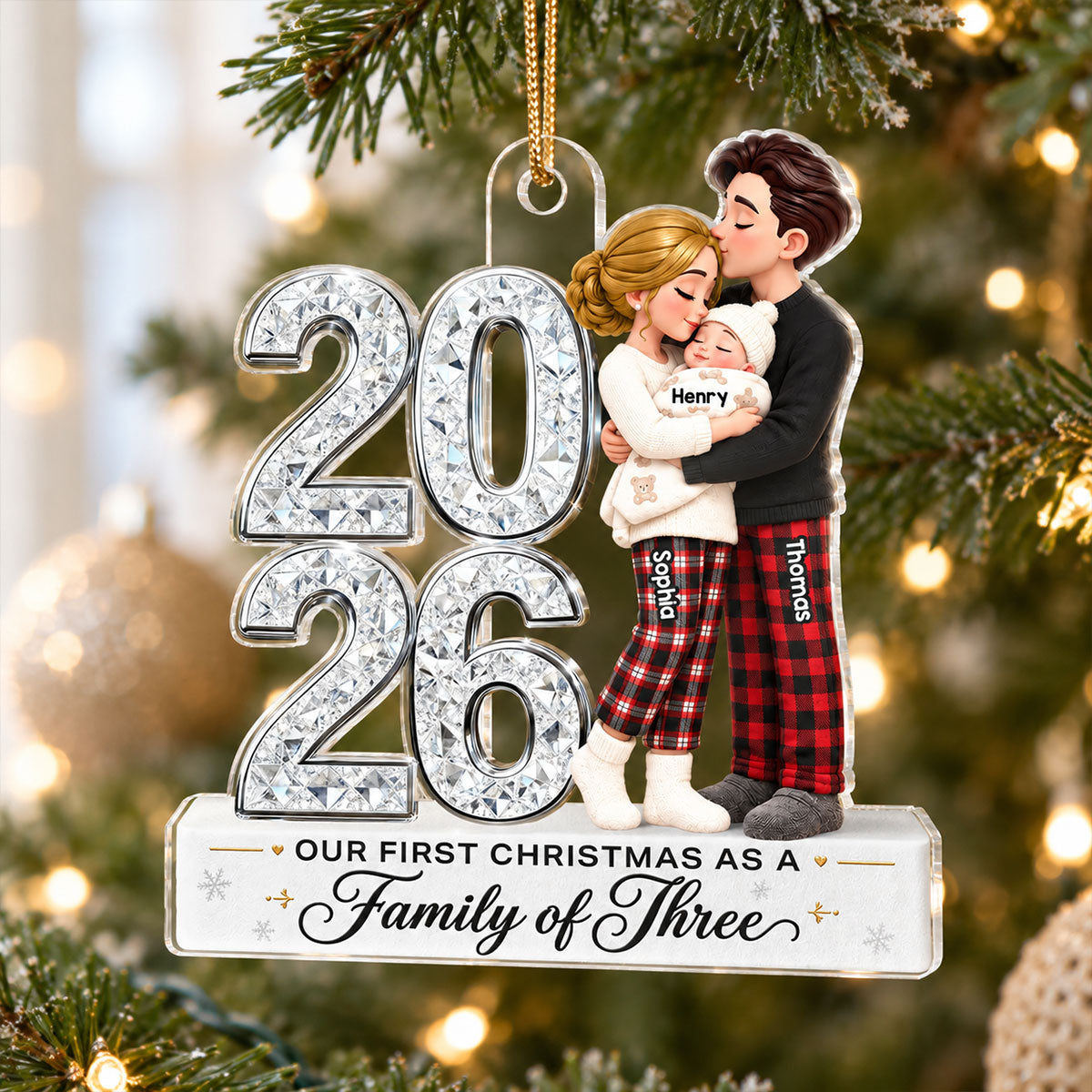 Our First Christmas As Family Of Three Custom Year 2D Flat Printed - Personalized Acrylic Ornament - Christmas Tree Keepsake For New Parents